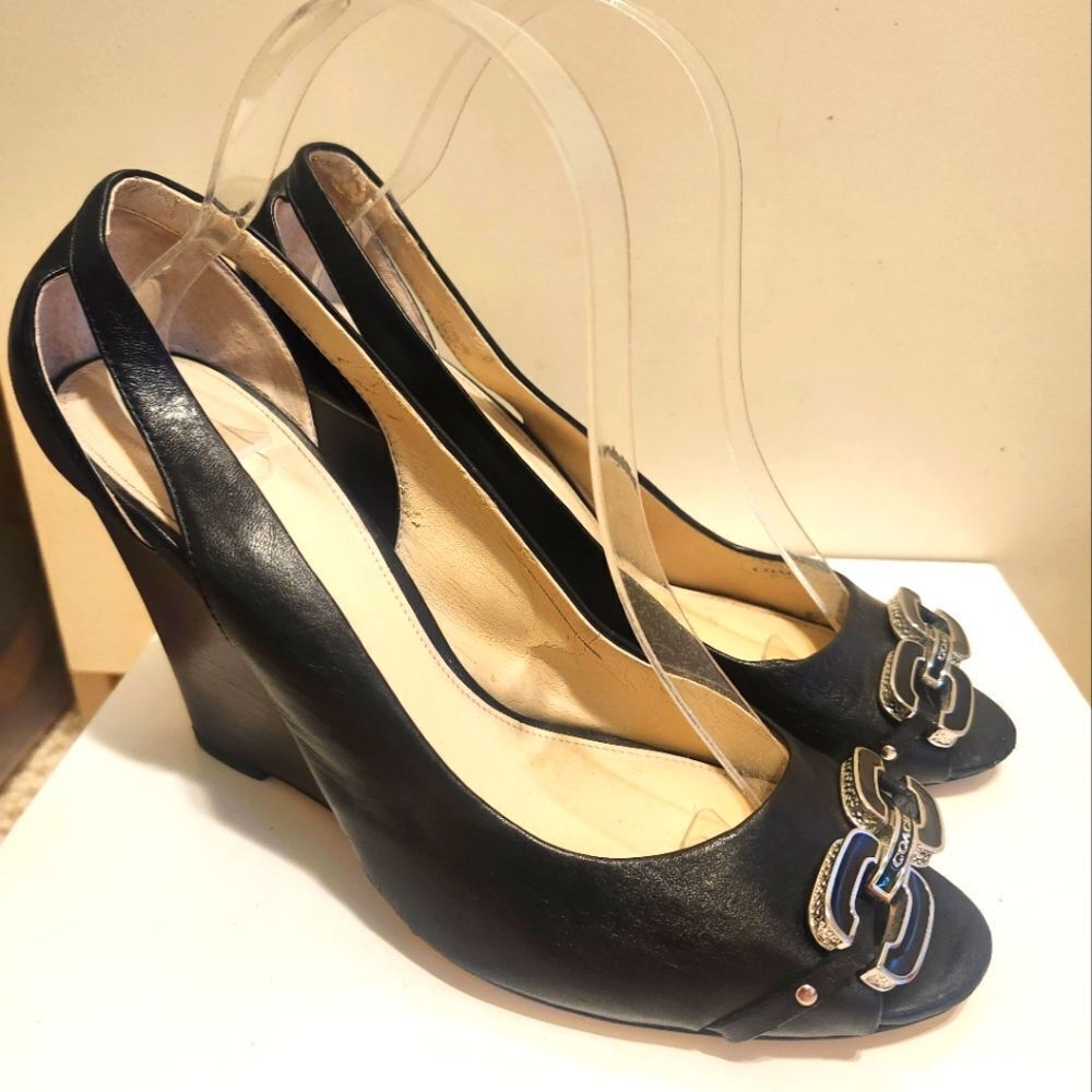 Coach NY "Larchmont" Black Leather Wedge Heel Peep Toe Logo Pumps Sz.9.5 $178